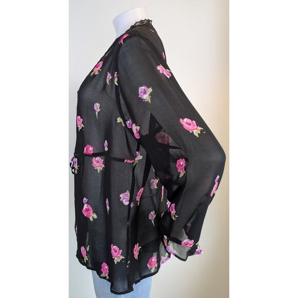 August Max Woman Vintage Sheer Open Blouse Size X Black Pink Floral Rose Lace - Picture 4 of 10